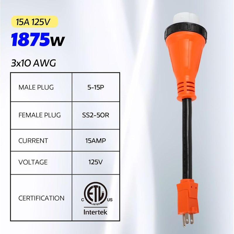 Dollate 50amp to 110 Adapter for RV, NEMA 5-15P to SS2-50R Female RV Power Adapter with Locking Connector, Durable and Safe ETL Listed 15 to 50 amp RV Adapter for Camper, Heavy Duty 13 inch rv Extension Cord - Image 2